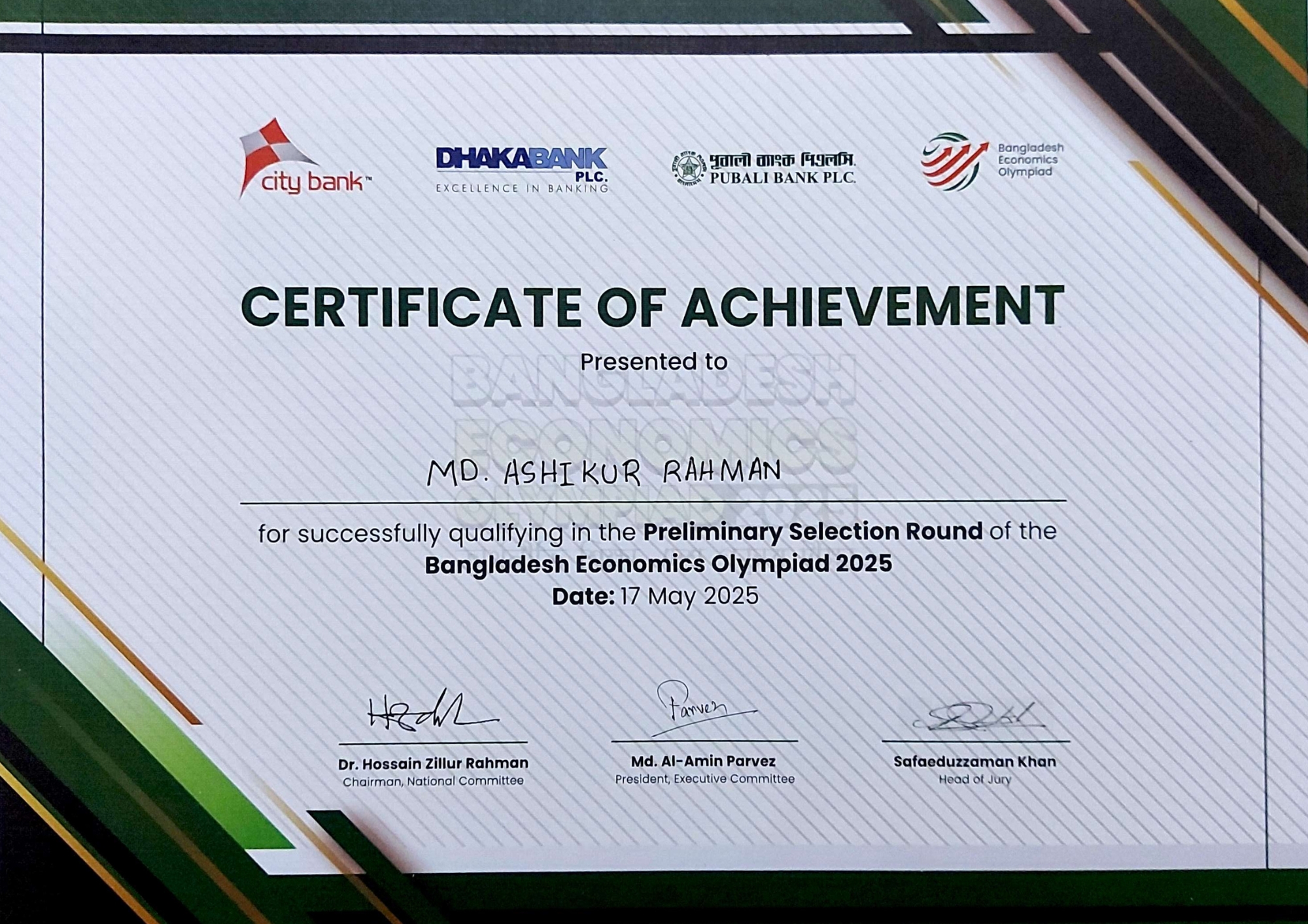 Certificates of Md. Ashikur Rahman (Ayon) from Bangladesh Economics Olympiad (BEO)